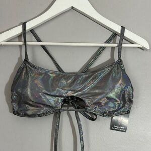 Holographic Silver Bralette swimsuit top Metallic gray polkadot size L NWT